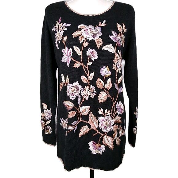 VTG WORTHINGTON Embroidered Sweater Pullover Floral Sz M Pearls Crochet Edges - Picture 1 of 12